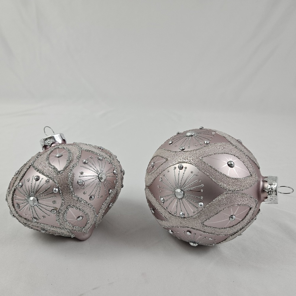 Pair Robert Stanley Mercury Glass Christmas Ornament Pink & Silver Opulent